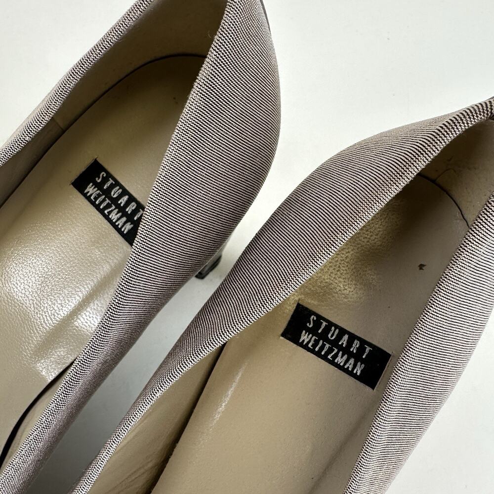 Stuart Weitzman Shimmer Taupe Textile Block Heel Pumps Peep Toe Shoes Size 10 AA - Picture 8 of 9